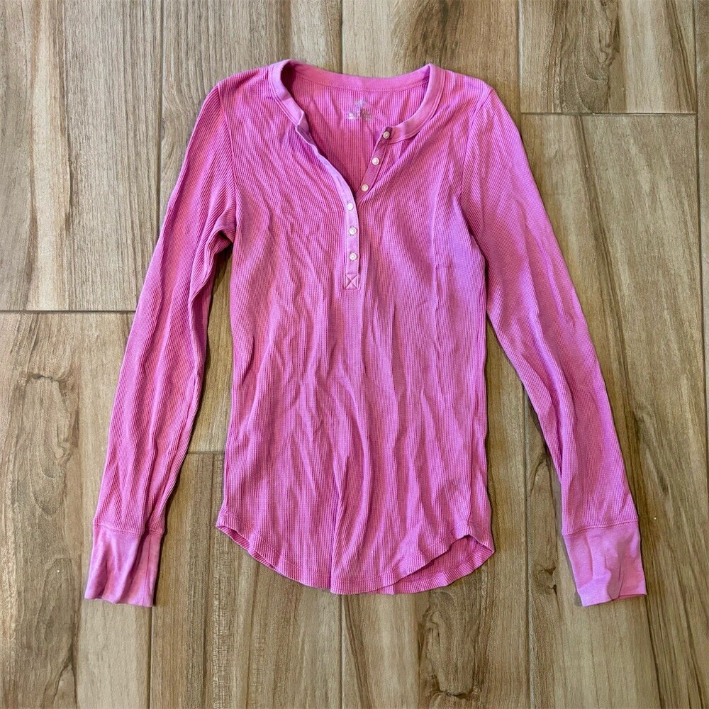 Aerie Thermal Henley Top Womens M Pink Waffle Knit Long Sleeve Button